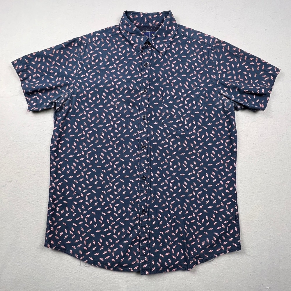 Rugby University Button Down Mens Medium Navy Pink Feather Print Casual Preppy